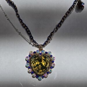 Betsey Johnson Gold and Navy CRYSTAL Heart Necklace with Iridescent Accents